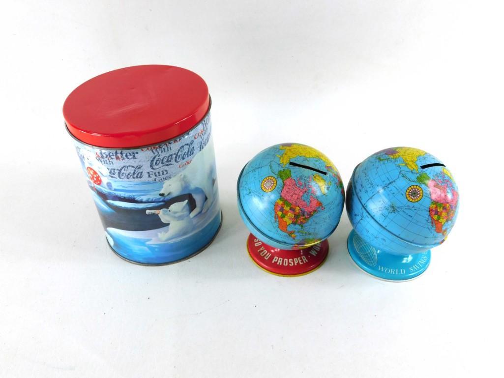 Lot of 2 Vintage Globe Banks and a Coca Cola Tin with a: Lot of 2 Vintage Globe Banks and a Coca Cola Tin with a Puzzle Inside Condition: Puzzle not checked for completeness