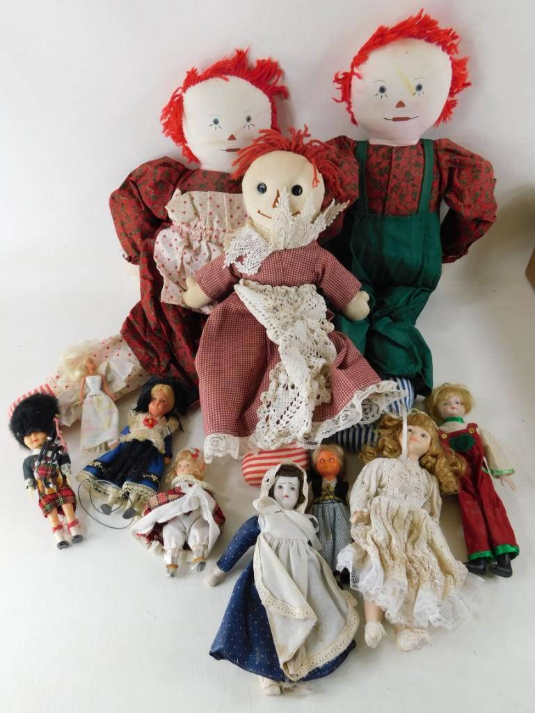 Old Raggedy Anne dolls and other dolls including: Old Raggedy Anne dolls and other dolls including Barbie, Porcelain