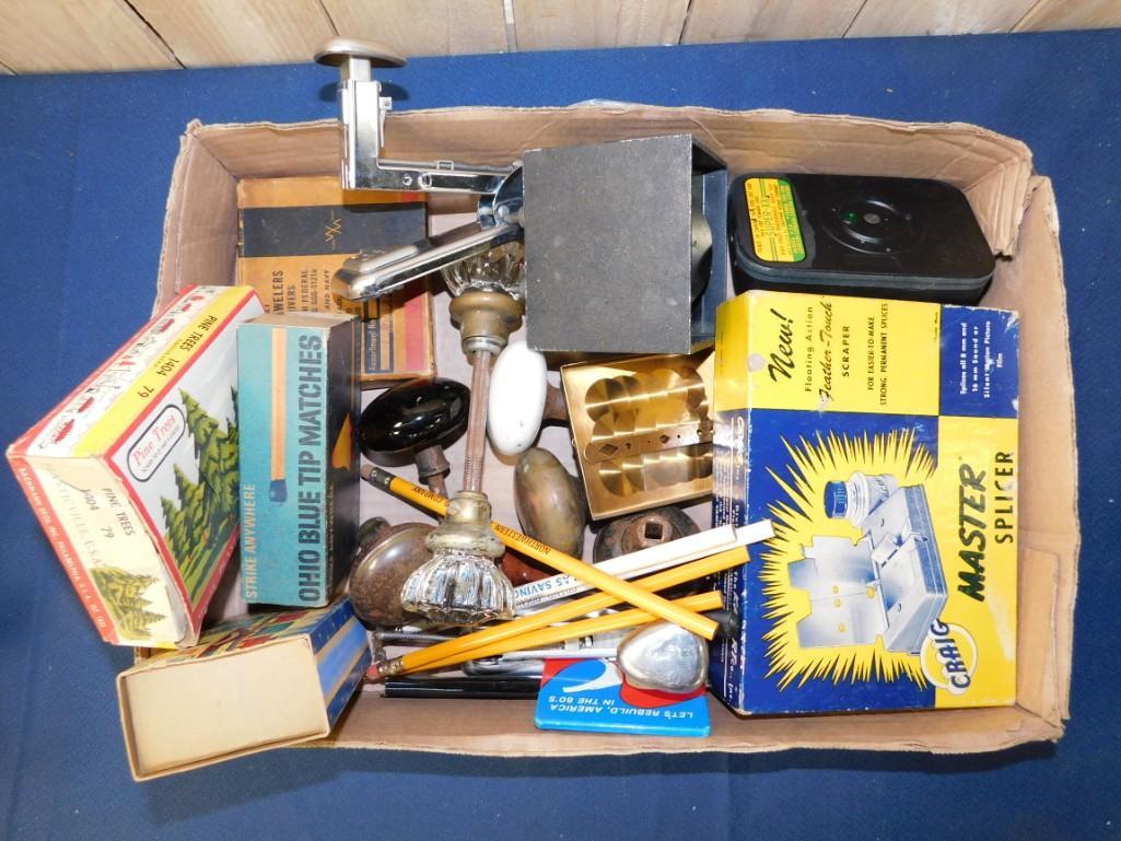Misc Lot Antique Door Knobs, Advertising Pencils, Film,: Misc Lot Antique Door Knobs, Advertising Pencils, Film, Staplers, etc.
