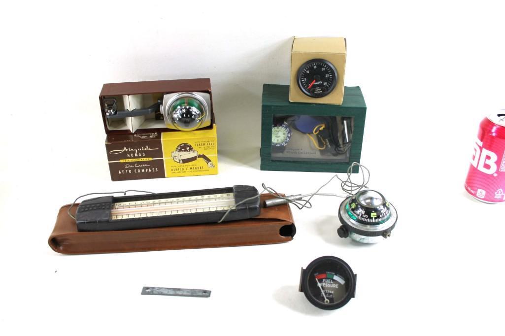 Compasses and Guages incl New in Package Field and: Compasses and Gauges incl New in Package Field and Stream Watch and Compass Set , Airguide Nomad Auto Compass, Fuel Pressure Gauge , etc