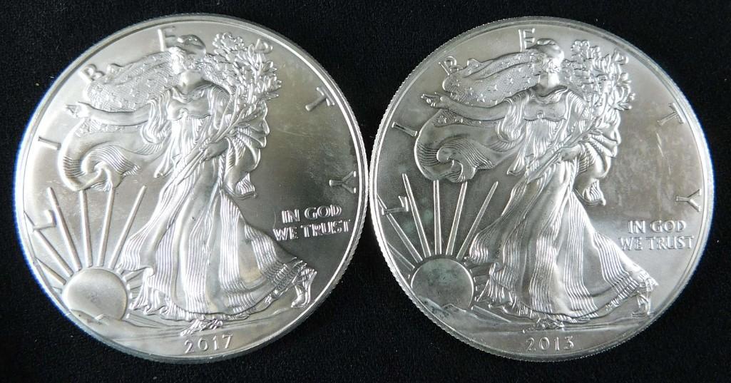 Lot of 2 BU American Silver Eagle Coins 2013 and 2017 (1 of 2)