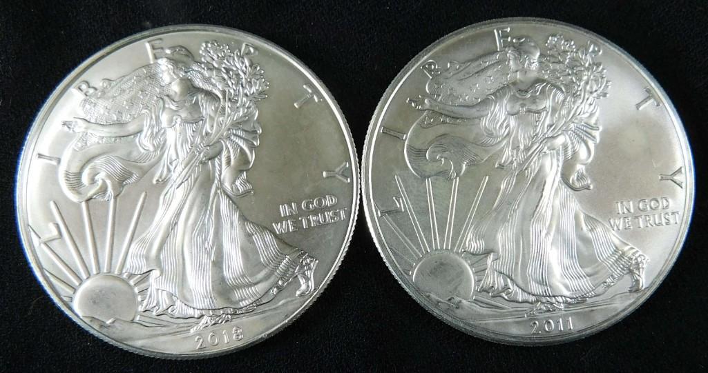 Lot of 2 BU American Silver Eagle Coins incl 2011 and (1 of 2)