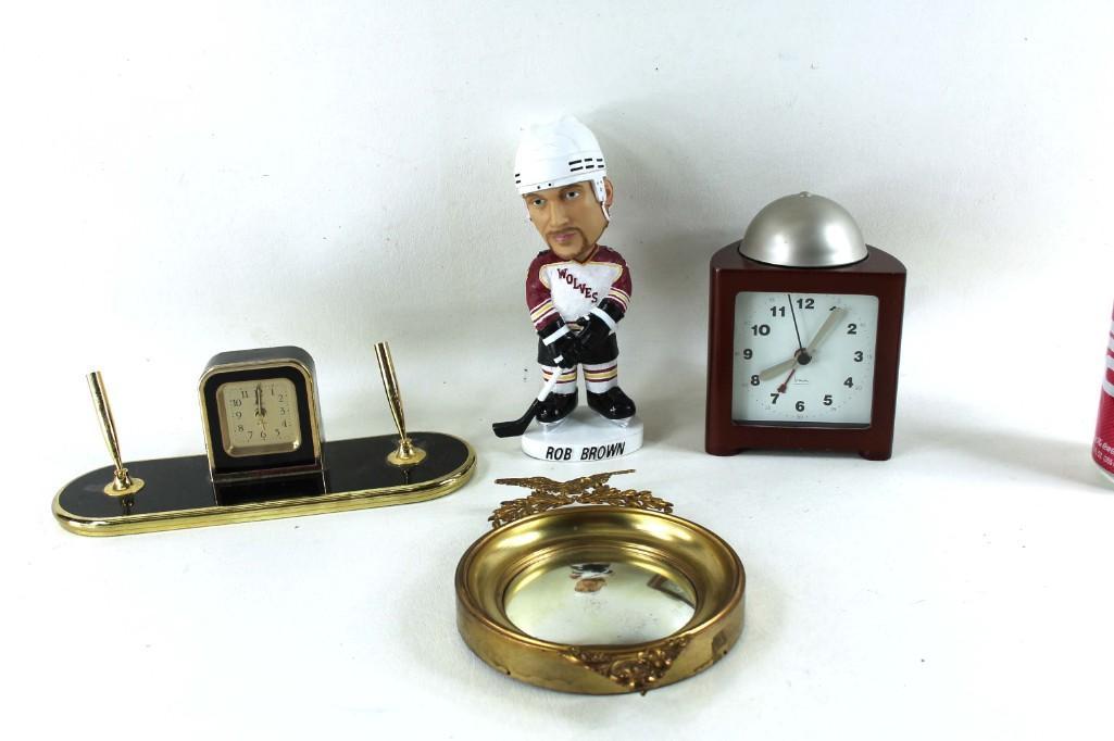 Lot of Misc incl Clocks, a Rob Brown Hockey Bobblehead (1 of 2)
