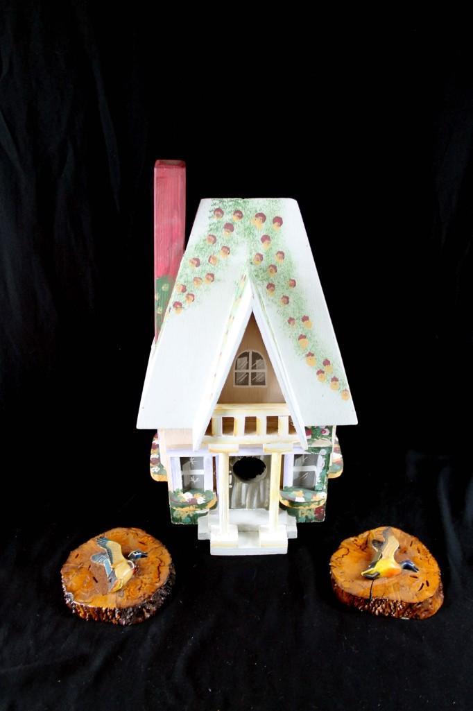 Hand Painted Birdhouse and Set of 2 Redwood Wall Decor (1 of 6)
