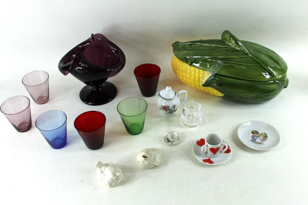 Lot of Vintage Glass and Ceramic incl Corn Casserole ,: Lot of Vintage Glass and Ceramic incl Corn Casserole , a Purple Footed Compote , Colored Shot Glasses , etc