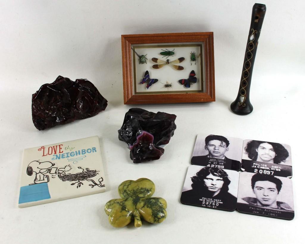 Lot of Unique Items incl Raw Glass , Insect Specimens ,: Lot of Unique Items incl Raw Glass , Insect Specimens , Mug Shot Coasters , Peanuts Tile , etc