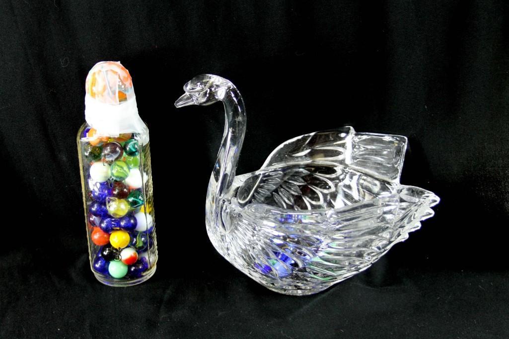 Lot of Vintage Marbles in a Bottle and a Glass Swan (1 of 3)