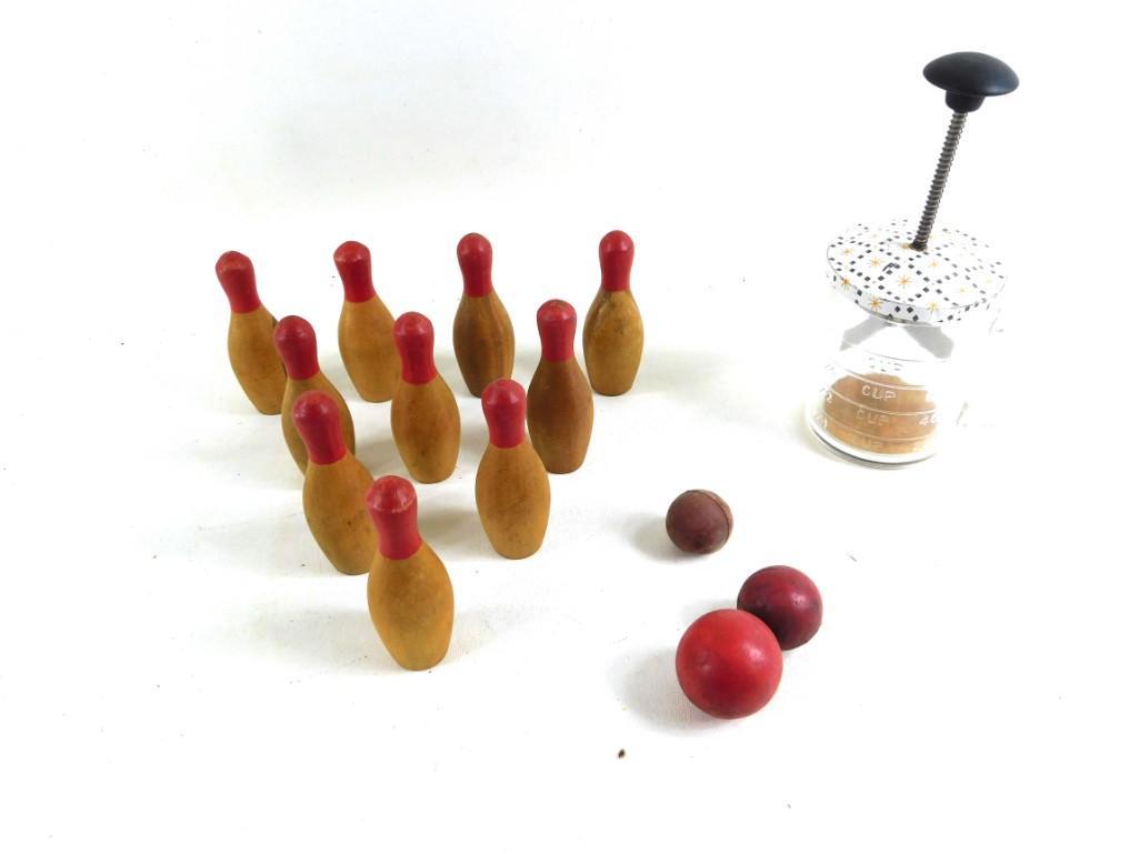 Vintage Toy Bowling Set and a Vintage Chopper: Vintage Wooden Toy Bowling Set and a Vintage Kitchen Chopper