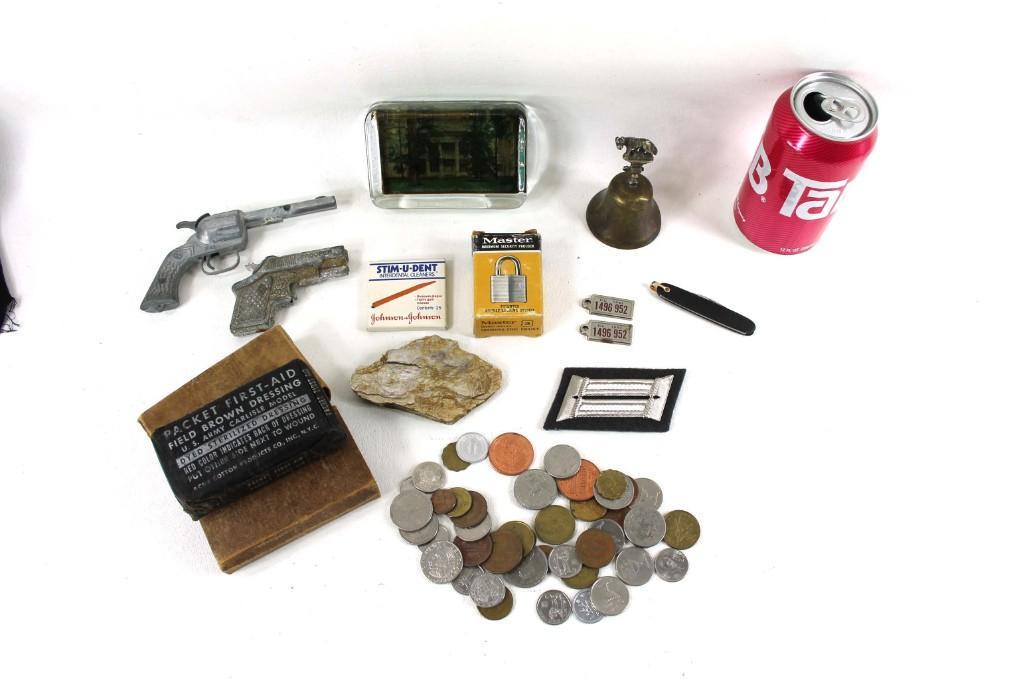 Lot of Vintage Smalls incl Foreign Coins, Military: Lot of Vintage Smalls incl Foreign Coins, Military First Aid Kit, Cap Guns , etc