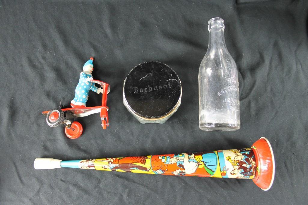 Lot of Tin Toys and Vintage Bottles: Lot of Tin Toys and Vintage Bottles