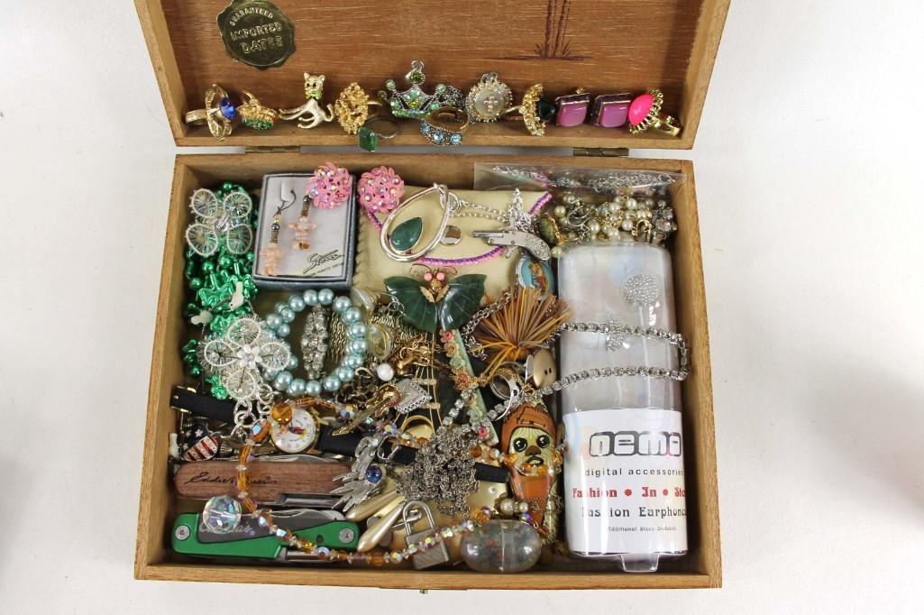 Lot of Costume Jewelry , Pocket Knives , and Smalls: Lot of Costume Jewelry , Pocket Knives , and Smalls incl a Mickey Mouse Watch , a compact , and Rhinestone Jewelry