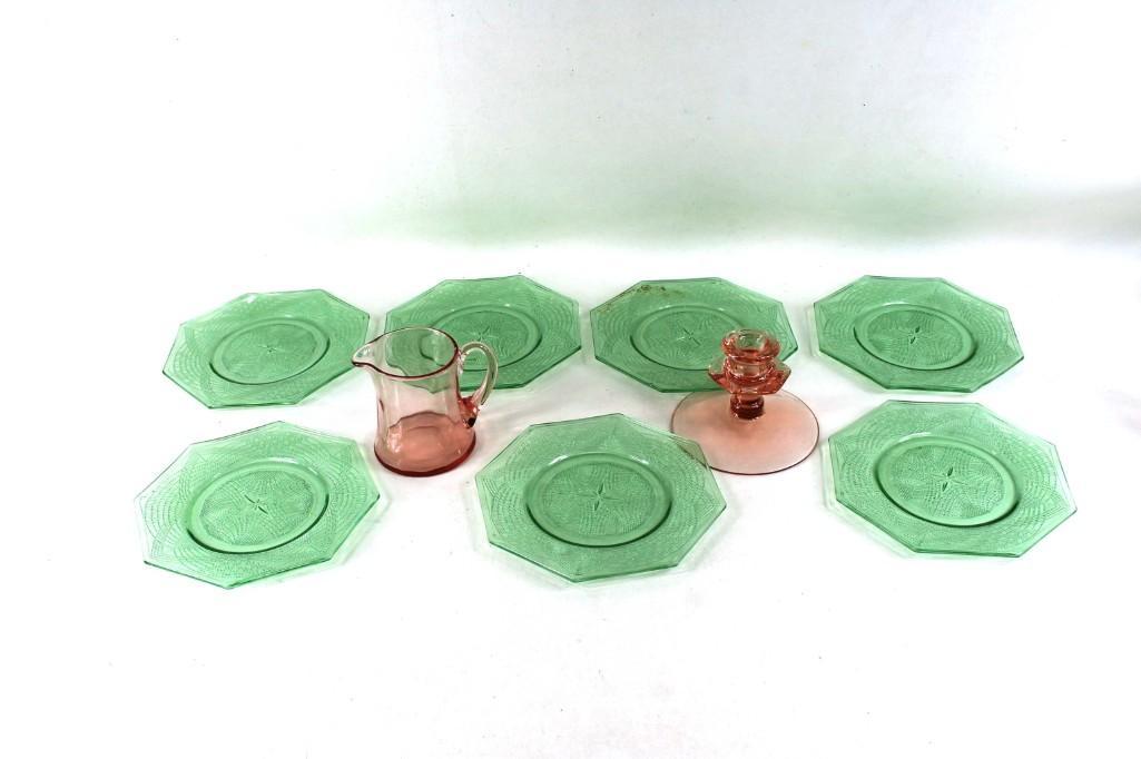 Lot of Green and Pink Depression Glass incl Plates ,: Lot of Green and Pink Depression Glass incl Plates , Candle Holder , Creamer