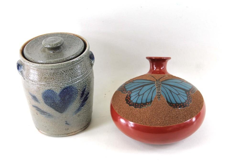 Roger Calero Pottery Vase Signed with a Butterfly: Roger Calero Pottery Vase Signed with a Butterfly Design and a Stoneware Crock or Canister
