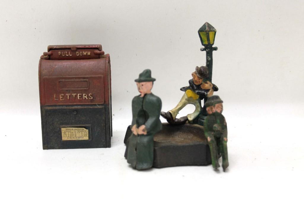 Cast Iron Toy Mailbox / Bank and 3 Figurines and a (1 of 3)