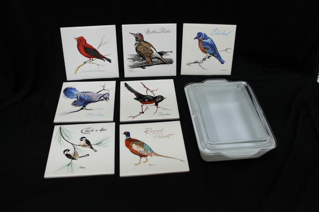 Set of Bird Tiles and a Pyrex 2 Quart Casserole Dish (1 of 3)