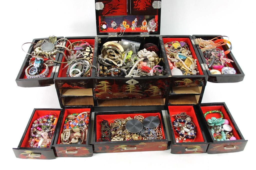 Vintage Jewelry Box Filled with Costume Jewelry: Vintage Jewelry Box with Asian Design Filled with Costume Jewelry