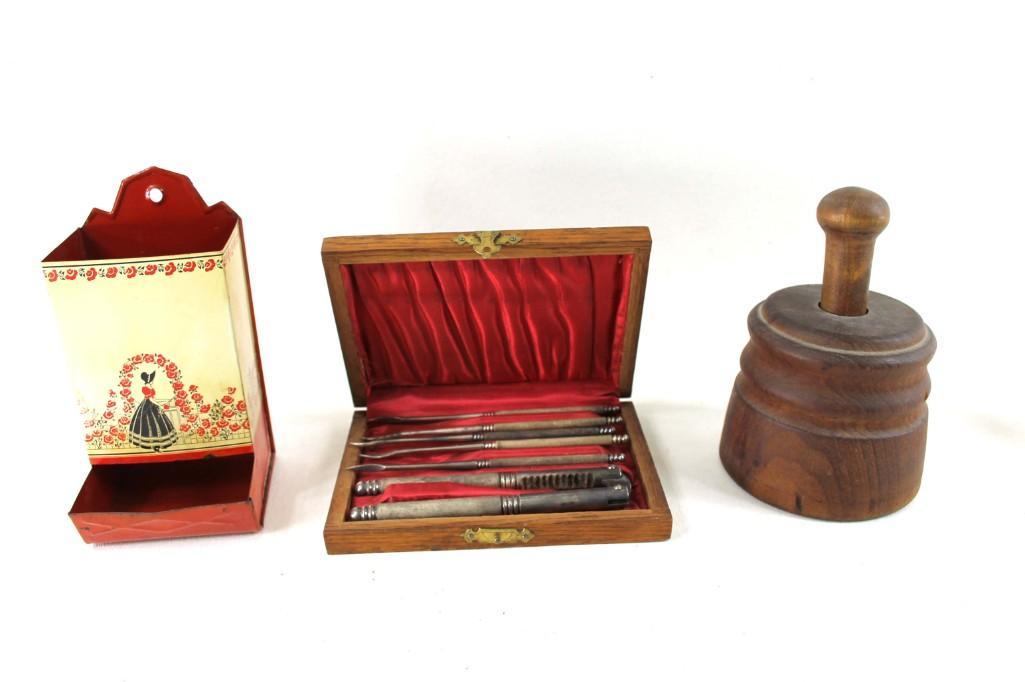 Antique Butter Mold , Match Holder , and Boxed Nut (1 of 3)