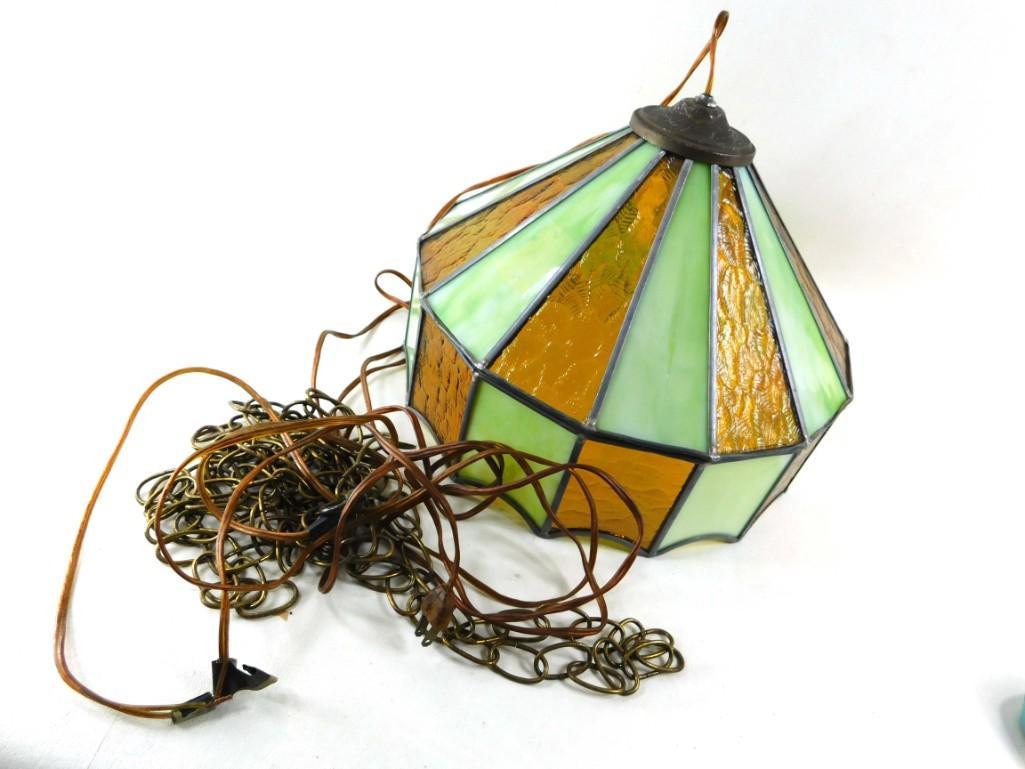 Hanging Mid Century Stained and Slag Glass Swag Lamp or: Hanging Mid Century Stained and Slag Glass Swag Lamp or Light