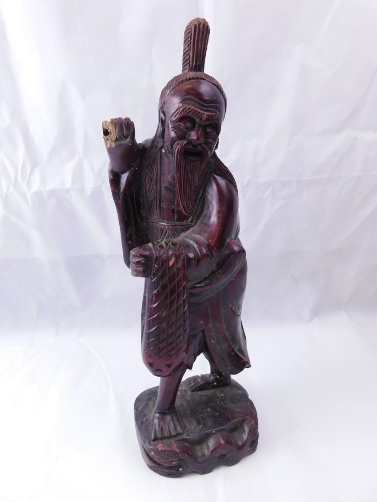 Wooden Carved Statue Asian Man with condition issues: Wooden Carved Statue Asian Man with condition issues Break on one of it's hands and there is a big crack in the back