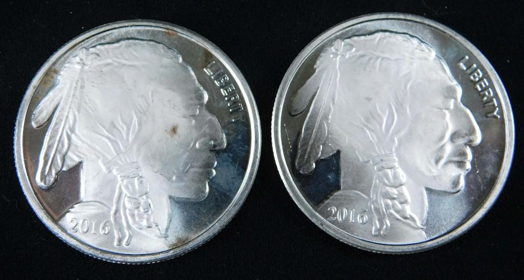 Lot of 2 2016 BU Buffalo Indian Head 1 oz Silver Rounds (1 of 2)