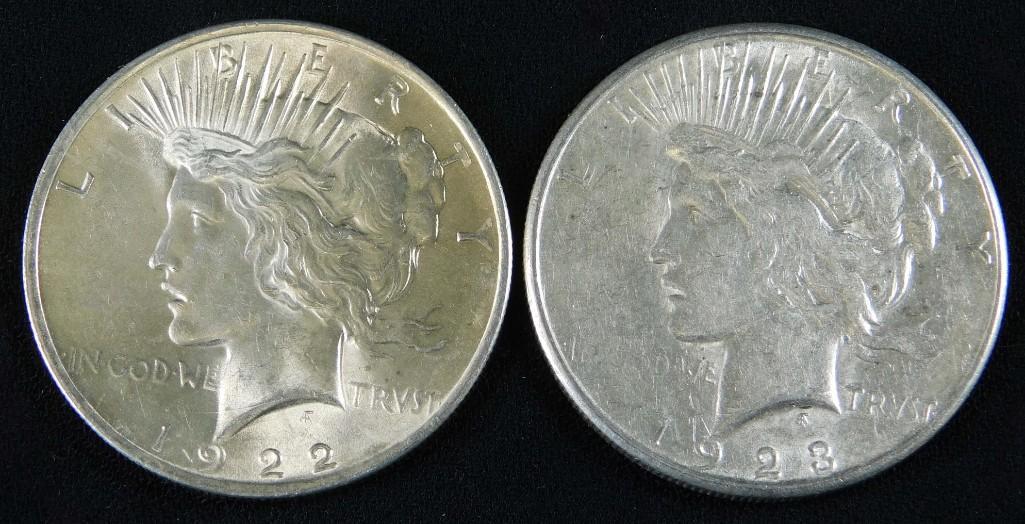 Lot of 2 Silver Peace Dollars incl 1922-P and 1923-S (1 of 2)