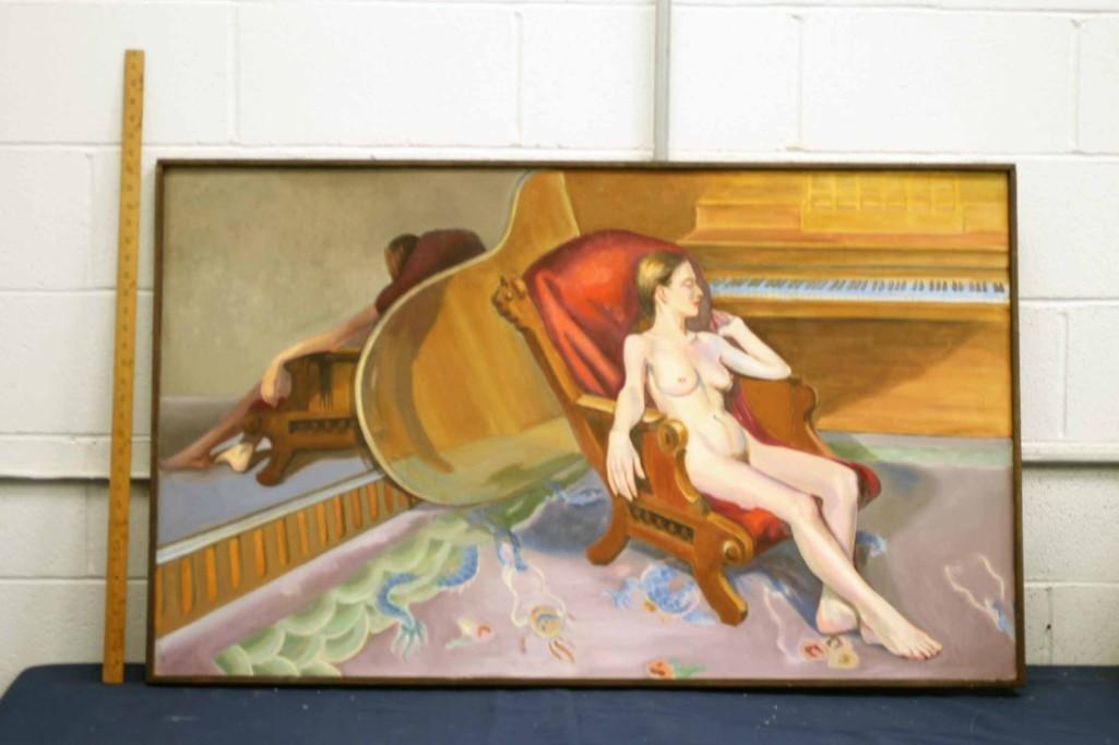 Mid Century Modern Figurative Oil on Canvas Painting: Mid Century Modern Figurative Oil on Canvas Painting of a nude woman by a piano; Signed N. Swan; from the private collection of Oak Park, Illinois Artist Nancy Swan . Very low starting bid on th