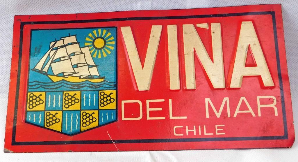 Vintage Metal Sign Vina Del Mar Chile: Vintage Metal Sign Vina Del Mar Chile Condition: Has some bends, scratches, wear, rust, etcIt's about the size of a license plate - roughly 12" x 6"
