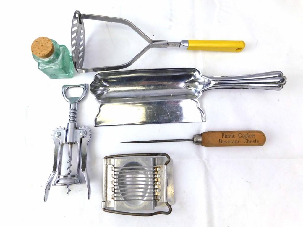 Kitchen Utensil Lot: Kitchen Utensil Lot Egg Slicer, Wine bottle opener, advertising ice pick, masher, etc.