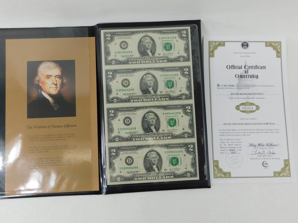 Lot of four uncut 2 dollar bills w/ certificate and (1 of 4)