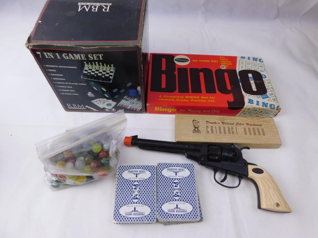 Game / Toy Lot bingo, marbles, 7 in 1 set, cap gun,: Game / Toy Lot bingo, bag of marbles, 7 in 1 set, cap gun, cribbage, playing cards