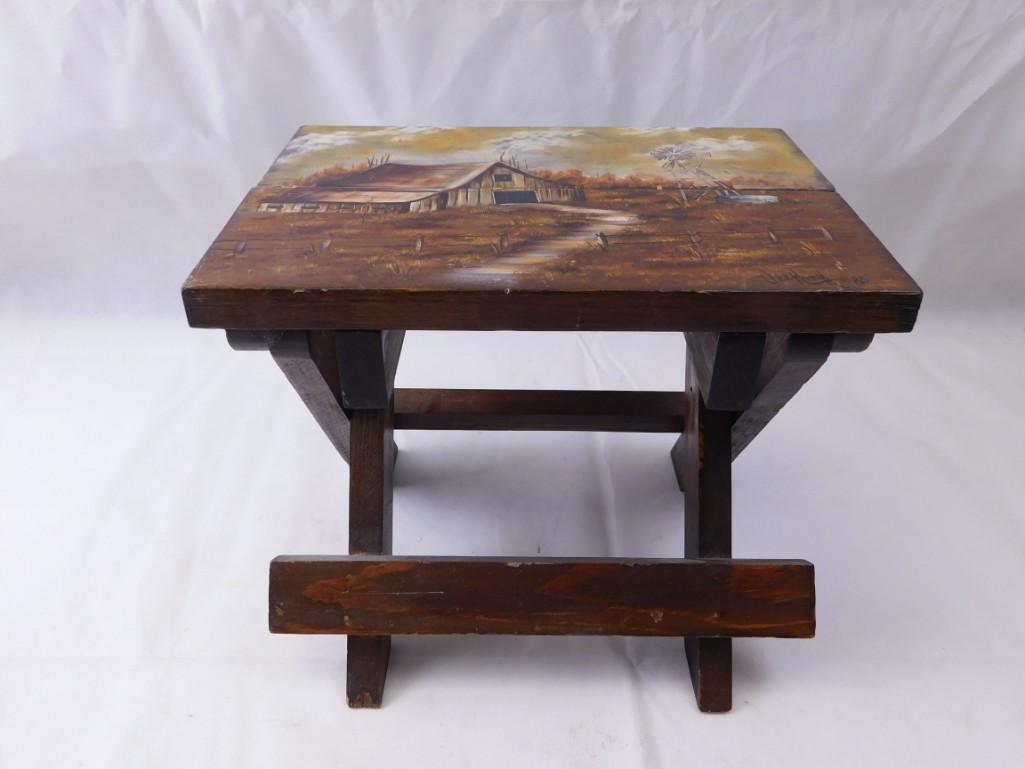 Mini Wooden Table or Stool with Signed Farm Painting on: Mini Wooden Table or Stool with Signed Farm Painting on the top