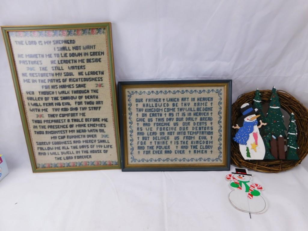 Two Framed Religious Needlepoint and winter snowman (1 of 2)
