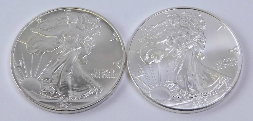 Lot of 2 American Silver Eagle Coins incl 1991 and 2017 (1 of 2)