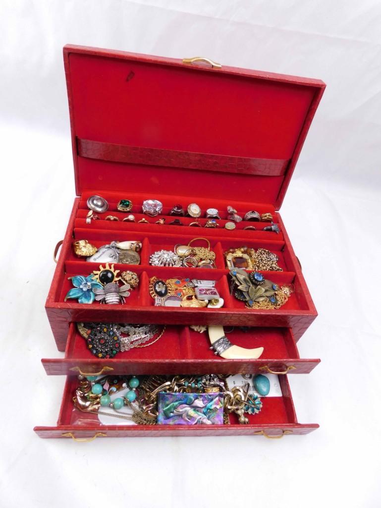 Large Jewelry Box Filled with Costume Jewelry incl Many: Large Jewelry Box Filled with Costume Jewelry incl Many Rings