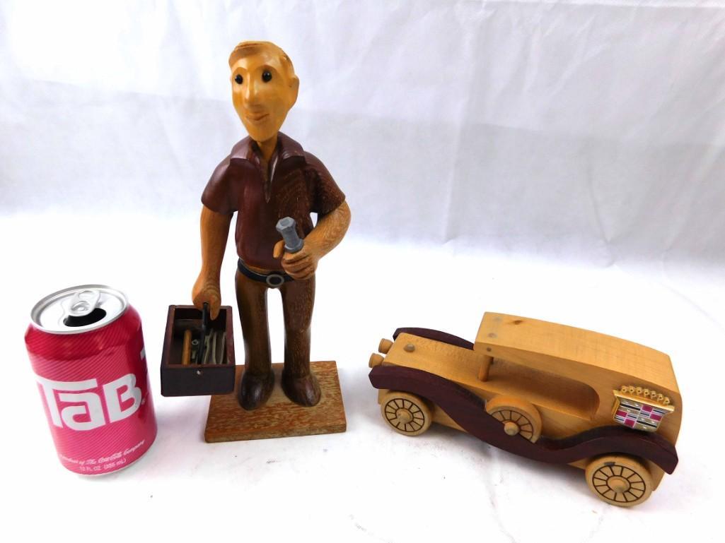 Carved Wooden Handyman or Carpenter and Cadillac Car: Carved Wooden Handyman or Carpenter and Cadillac Car