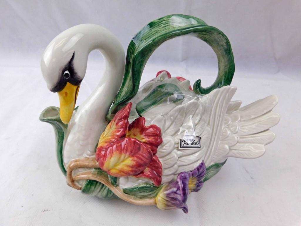 Fitz and Floyd Ceramic Swan Teapot Hand Painted (1 of 3)