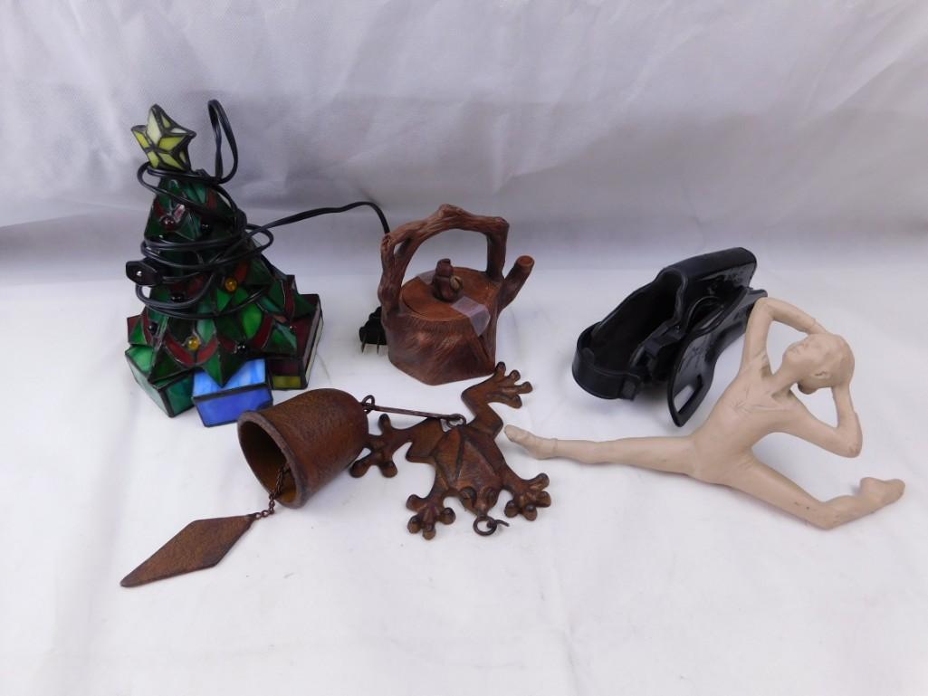 Misc. Lot - Metal Frog Bell, Mini Stained Glass: Misc. Lot - Metal Frog Bell, Mini Stained Glass Christmas Lights, Gun Holster, Ballerina Figurine, etc.