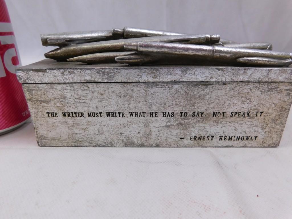 Ernest Hemingway Pencil Box: Ernest Hemingway Pencil Box. "The Writer Must Write what he as to say, not speak it" How much did Ernest Hemingway? About 200 lbs.