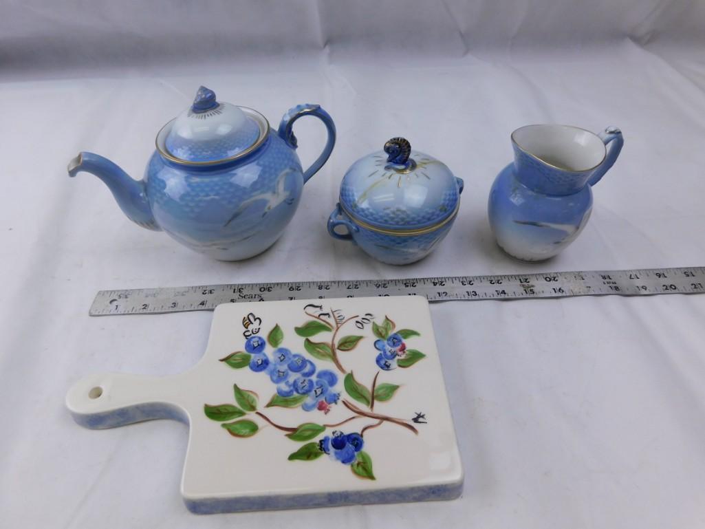 Lot of Ceramic dishes - Blue tea kettle, small pitcher, (1 of 4)