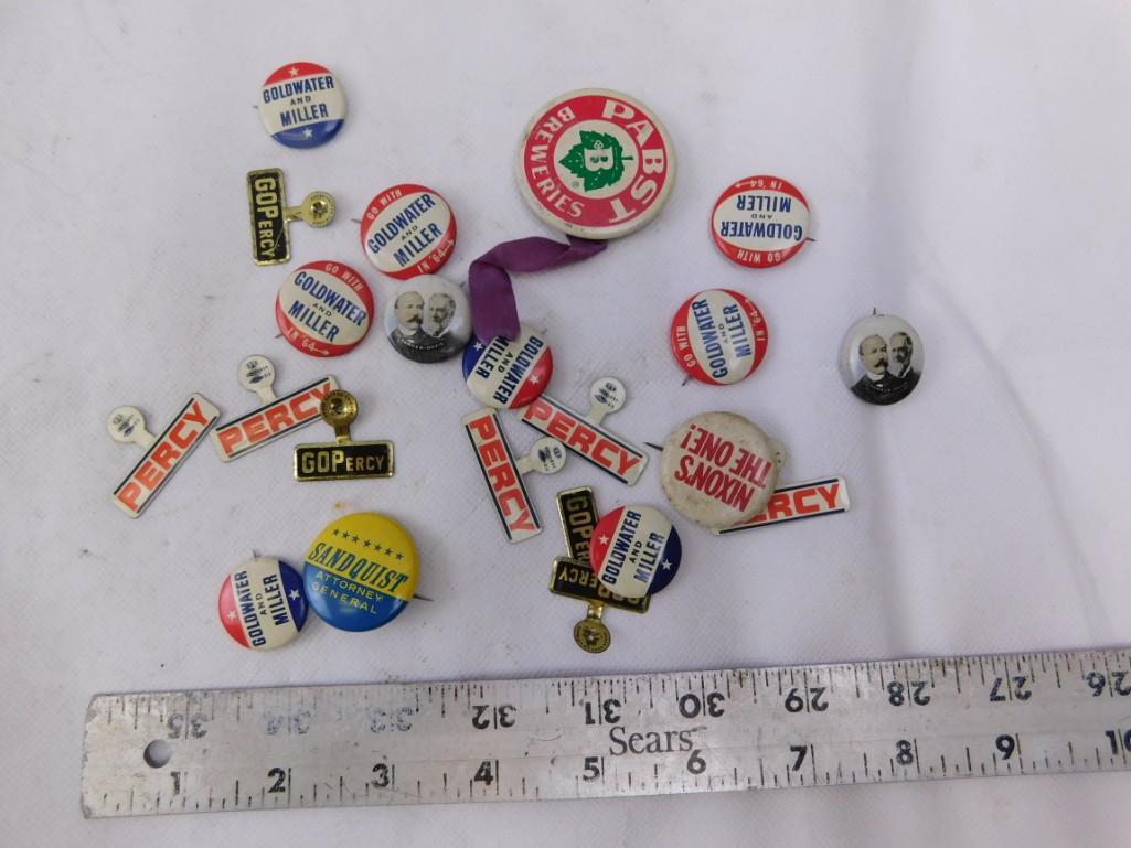 Lot of vintage political and other buttons: Lot of vintage political and other buttons Includes Pabst Breweries, GOPercy, Goldwater and Miller, Sanquist, Nixon's the One, Parker Davis, etc.