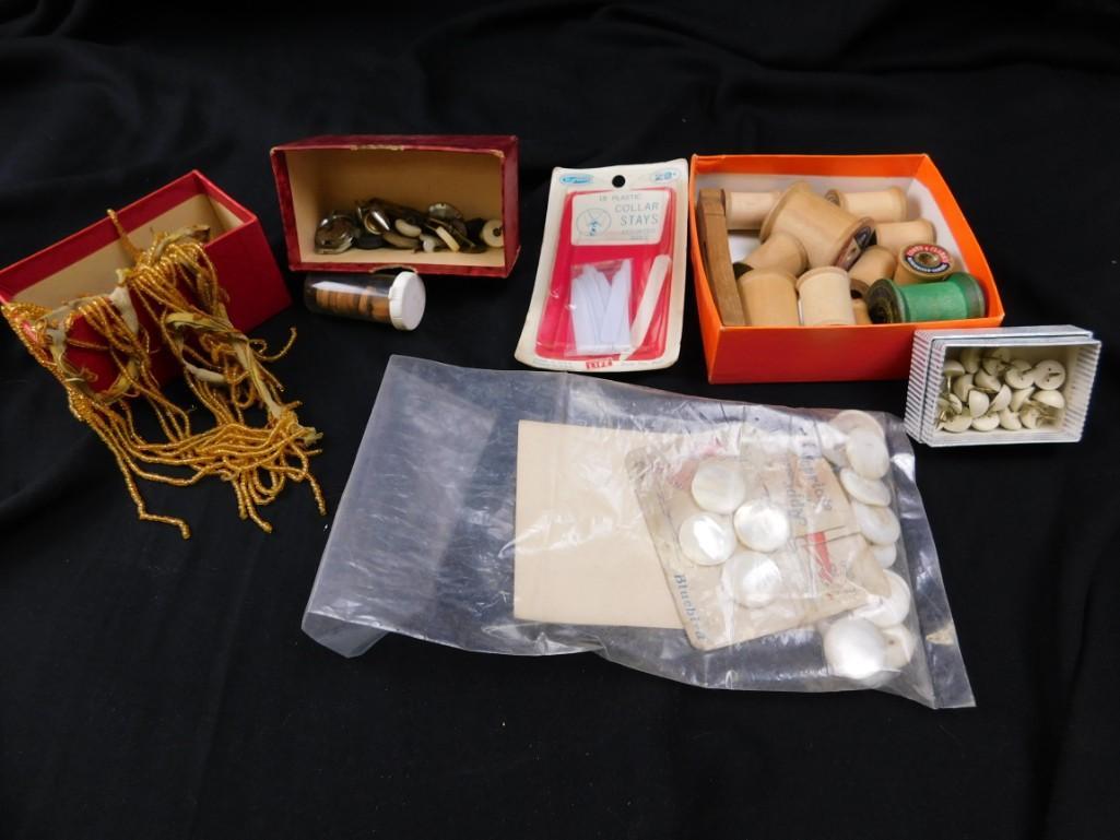 Vintage Sewing Supplies and Beads: Vintage Sewing Supplies incl beads , wooden spools , buttons , etc