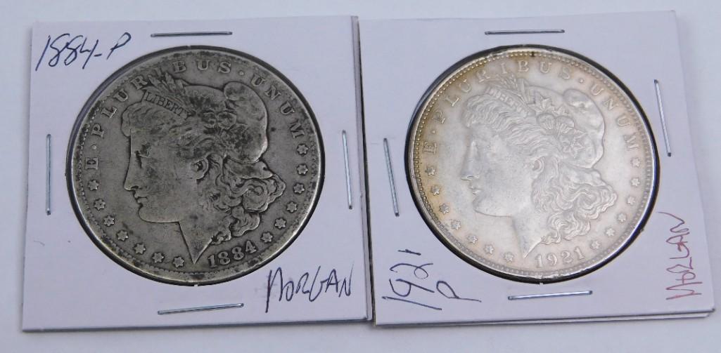 1884-P Morgan Dollar and a 1921-P Morgan Dollar: Lot of 2 Morgan silver dollars including an 1884 P and a 1921 P