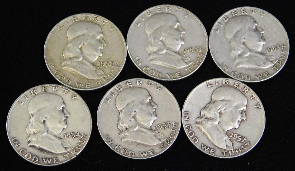 Lot of 6 Franklin Half Dollars w Older Dates: Lot of 6 Ben Franklin 1/2 dollars 1950s