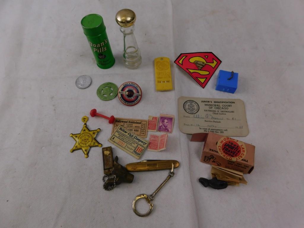 Lot of Smalls Doan's Pills Tin, tiny harmonica, Trix: Large Lot of Smalls Doan's Pills, tiny harmonica, Trix Whistle old magic trick, pocket knife, Superman Button, Old magic trick of sorts, stamps, top, Richard J. Elrod for Sheriff button, Kiddieland ti