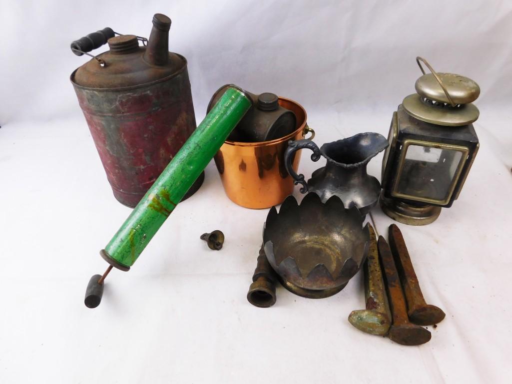 Misc Lot incl Old Gas Can , Copper Bucket , Railroad: Misc Lot incl Old Gas Can , Copper Bucket , Railroad Spikes , a small silver plated pitcher , a lantern , etc