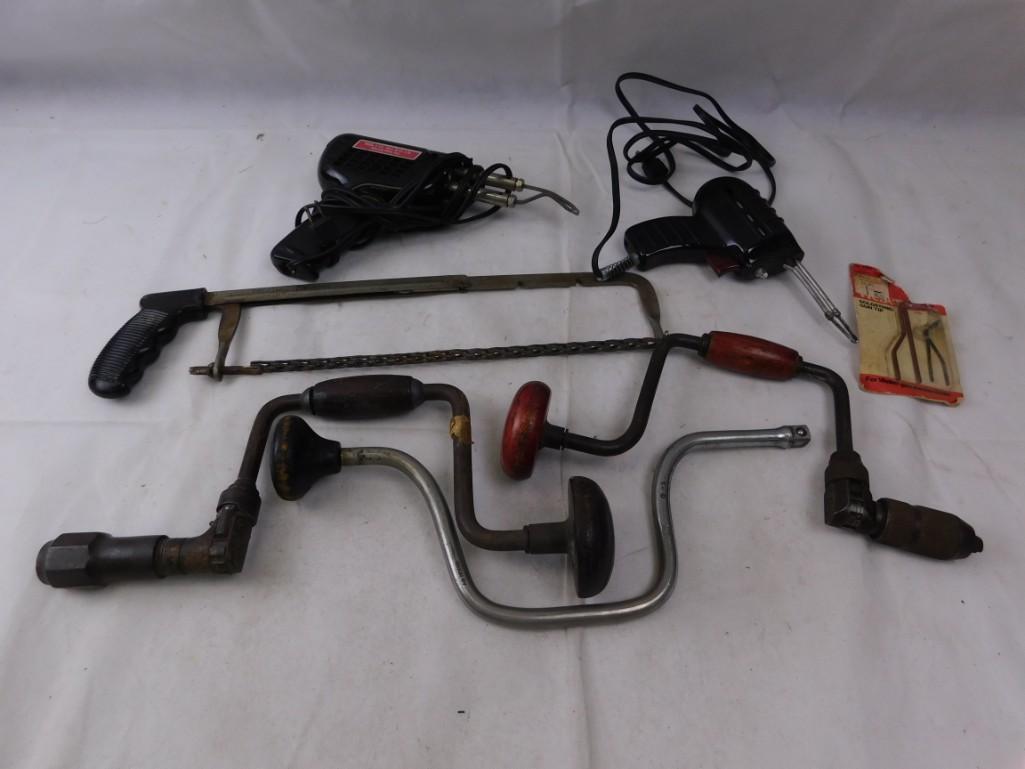 Lot of Hand Tools and 2 Soldering Irons: Lot of Hand Tools and 2 Soldering Irons Includes Hand Drills, a Polish Chainsaw