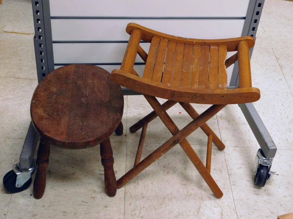 Lot of 2 Vintage Stools: Lot of 2 vintage stools including 1 milking stool and 1 folding stool