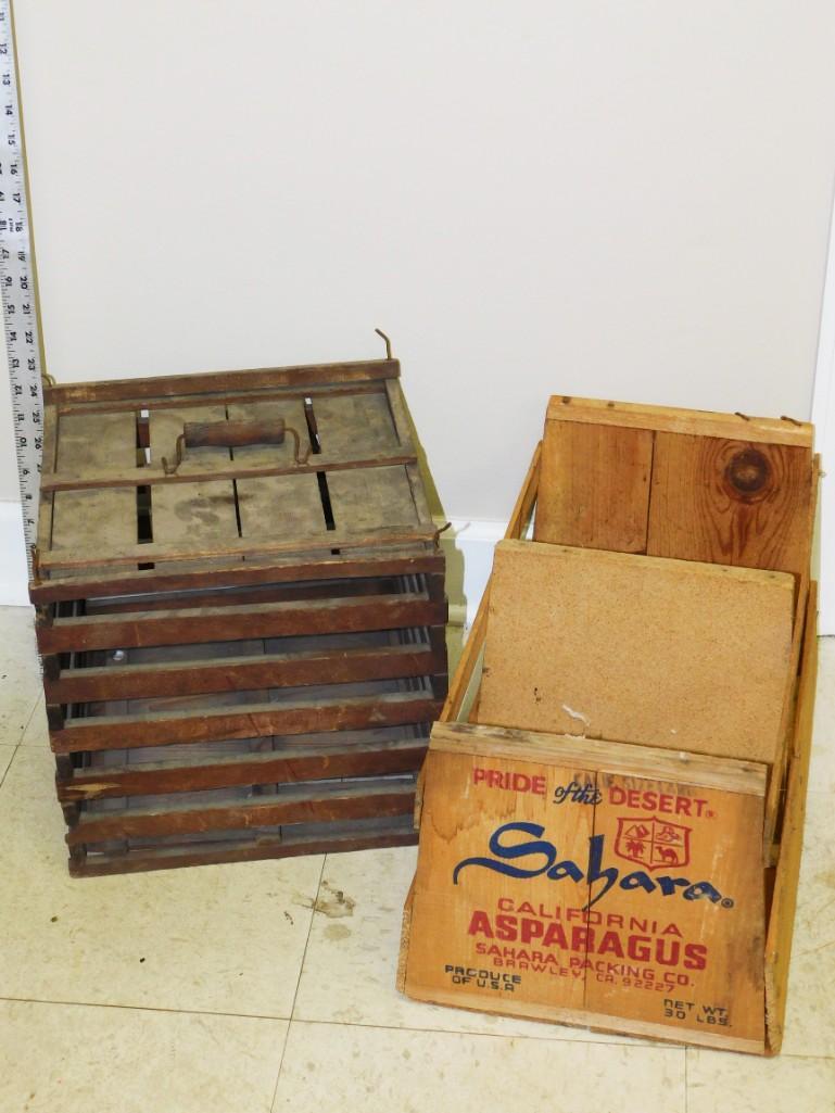 Antique Egg Crate and a Wooden Asparagus Crate: Antique Egg Crate and a Wooden Asparagus Crate