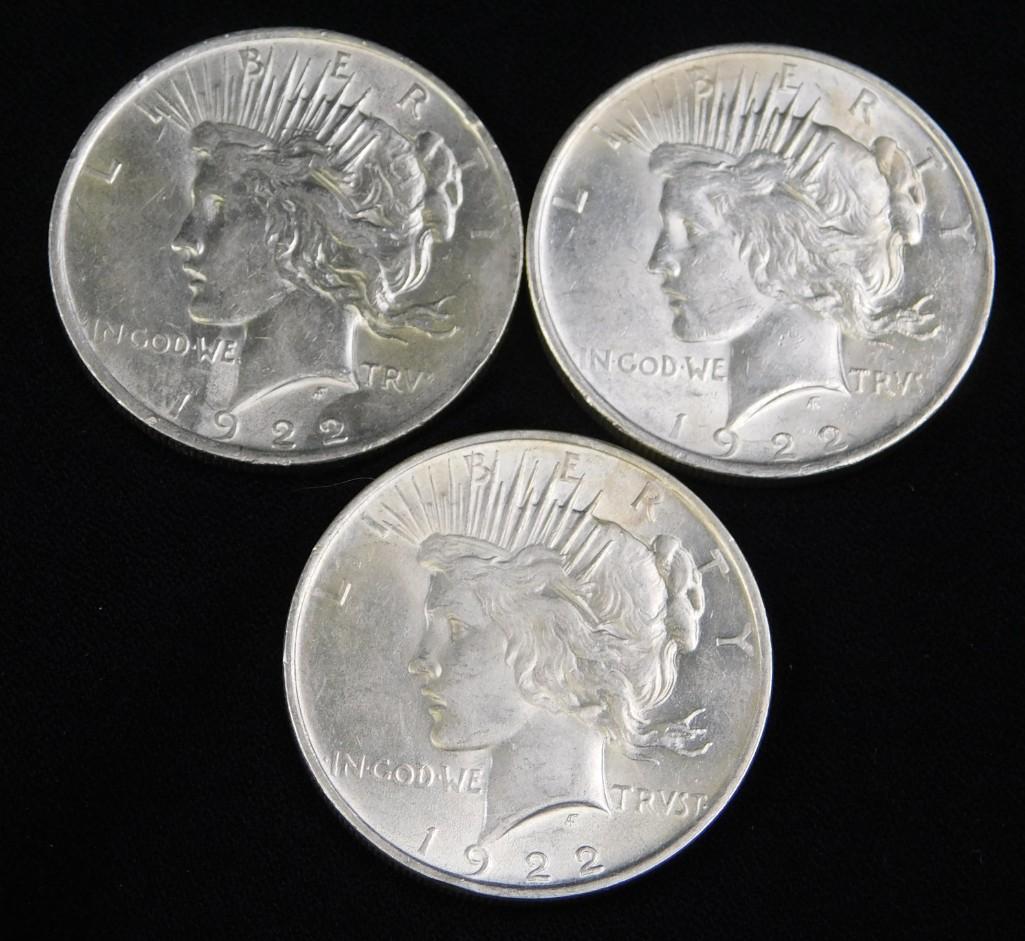 Lot of Three 1922-P Silver Peace Dollars (1 of 2)