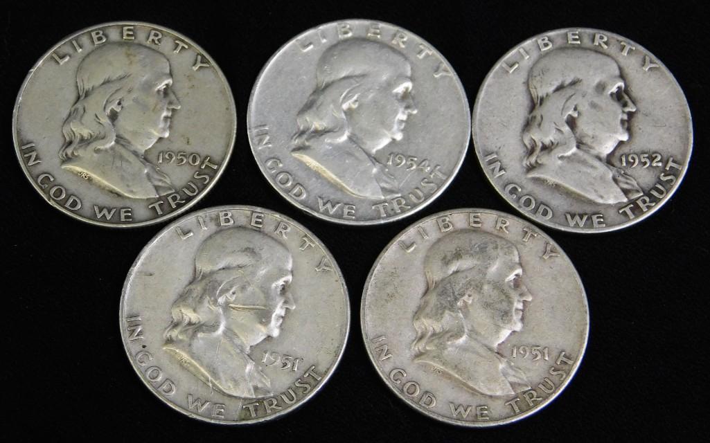 Lot of 5 Franklin Half Dollars 1950s (1 of 2)